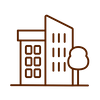 Line drawing of two buildings and a tree